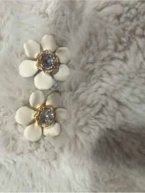J. Crew White Flower Crystal Center Stud Earrings - Gold Accents
